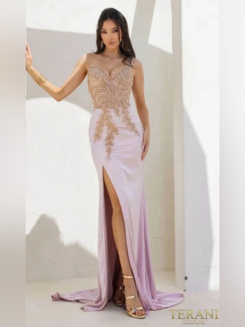 Terani Couture Rose Gold Beaded Embroidered one Shoulder V-Neck Sz 8 #241P2155